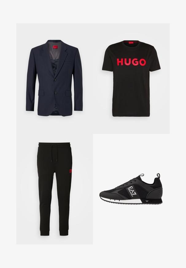 Blazer navy realizzato in tessuto morbido con design a un petto, due tasche frontali e bottoni neri. Etichetta rossa del marchio all'interno.; T-shirt nera in cotone con il testo "HUGO" rosso audace sul davanti, maniche corte, scollo rotondo e vestibilità rilassata.; Pantaloni felpati neri realizzati in tessuto morbido, con vita regolabile tramite cordoncino, vestibilità slim e una patch rossa con logo sulla coscia sinistra.; EA7 Emporio Armani Sneakers basse - black/white
