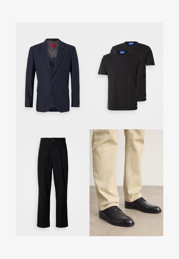 Blazer navy realizzato in tessuto morbido con design a un petto, due tasche frontali e bottoni neri. Etichetta rossa del marchio all'interno.; Due magliette di cotone nere con scollatura rotonda, maniche corte e etichette blu "HUGO" sui colli e sui bordi laterali.; Pantaloni neri a gamba dritta con vita con bottoni, passanti per cintura e piega frontale, esposti su uno sfondo bianco semplice.; Scarpe stringate in pelle nera con punta arrotondata, finitura liscia e dettagli di cucitura sottili, indossate con pantaloni beige chiaro.