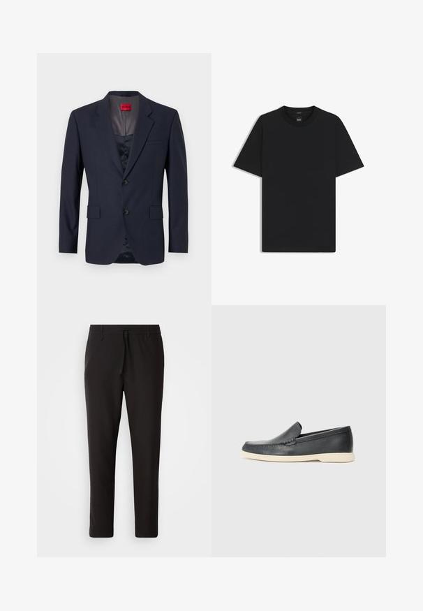 Marineblazer gemaakt van soepele stof met een enkel geknoopte ontwerp, twee voorzakken en zwarte knopen. Rode merketiket aan de binnenkant.; Zwarte korte mouwen T-shirt van een gladde katoenmix, met een ronde halslijn en een minimalistisch ontwerp zonder patronen of accenten.; Zwarte joggingsbroek van gladde stof. Kenmerkt zich door een elastische tailleband met een trekkoord, taps toelopende benen en geen zichtbare zakken. Eenvoudig ontwerp.; Zwarte leren instappers met een gestructureerde afwerking en een contrasterende beige rubberen zool. Beschikt over een subtiele accent langs de voorkant.