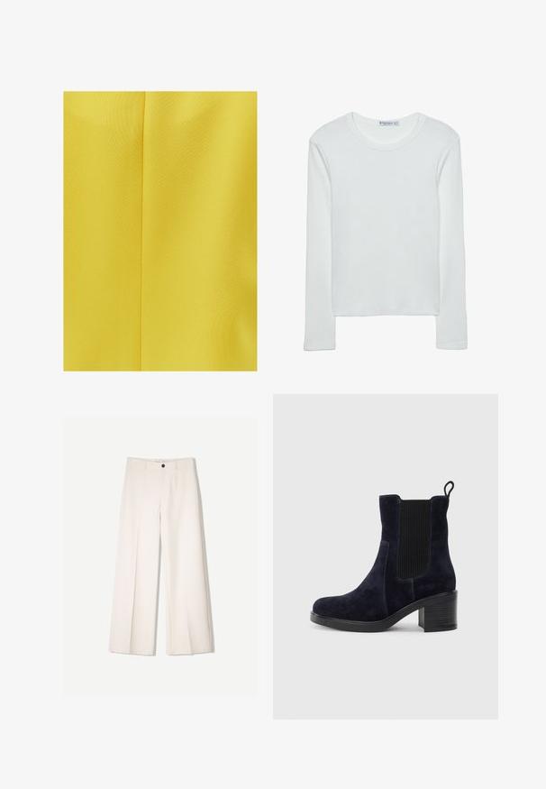 OXXO LANGER MIT REVERSKRAGEN - Krótki płaszcz; Biała koszulka z długim rękawem wykonana z prążkowanej tkaniny, z okrągłym dekoltem i prostym wykończeniem. Prosty, jednolity wzór.; Kremowe spodnie szerokie z dopasowanym krojem, z dwoma przednimi kieszeniami i pojedynczym zapięciem na guzik z przodu, wykonane z gładkiego materiału.; Granatowo-niebieski zamszowy botek za kostkę z elastycznym bocznym panelem, zaokrąglonym noskiem i słupkowym obcasem. Teksturalna tkanina i gładka podeszwa dodają kontrastu.