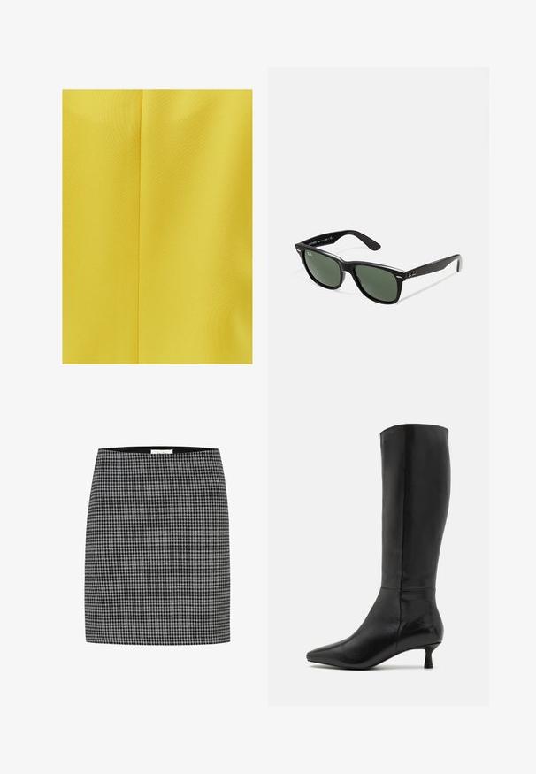 OXXO LANGER MIT REVERSKRAGEN - Pitkä takki - sulphur; Sininen pitkähihainen ribbikroppitoppi, jossa on pyöreä kaula-aukko. Sileä pinta ja istuva muotoilu, jossa on hienovarainen kuvio koko pinnalla. Brändilogo näkyvissä.; Mustavalkoinen houndstooth-hame, jossa on istuva siluetti, sileä pinta ja vyötärö. Ei näkyvää metalliosaa tai kuvioita houndstooth-kuvion lisäksi.; Zign Saappaat - black; Mustat muoviset aurinkolasit, joissa on vihreät linssit, neliönmuotoiset kehykset, hopeinen yksityiskohta kulmakarvojen kohdalla sekä tekstuuriset temppeleiden varret. Brändi ilmoitettu sisävarsissa.