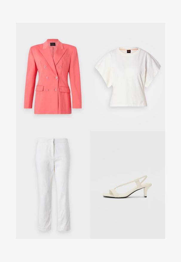 Koralo spalvos dvigubos breznešio švarkas su struktūrizuotu dizainu, įpjautais atlapais ir dviem priekinėmis kišenėmis. Pagamintas iš lygios, lengvos medžiagos.; Baltas trumpas marškinėliai, plačios trumpomis rankovėmis, minkšta medvilnė, apvali kaklo iškirptė su subtiliu oranžiniu apvadu, minimalus dizainas, be raštų ar grafikų.; Balti medvilniniai kelnių su tiesiu kojų dizainu, turintys vidutinį liemenį ir be matomų detalių ar raštų. Lygi tekstūra visame paviršiuje.; Kreminės blokų kulno šlepetės su plonomis dirželiais ir kvadratiniu pirštu. Lygus medžiaga su minimaliais akcentais, sukurtos lengvam dėvėjimui.