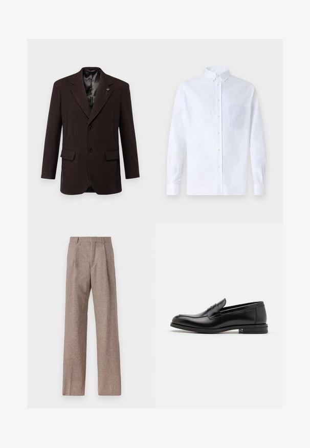 Tummanruskea villablazeri, jossa on notched-lapelit, kaksi etutaskua ja yksirivinen napitus. Sujuva satiinivuori.; Valkoinen pitkähihaista napillista paitaa, joka on valmistettu puuvillasta. Paita sisältää rinnan kohdalla taskun, jossa on samaa sävyä oleva brodeeraus, kauluksen sekä napilliset hihansuut.; Ruskejat, korkeavyötäröiset housut, jotka on valmistettu teksturoidusta kankaasta. Ominaisuuksina ovat leveät lahkeet ja kaksi etupuolelle ommeltua laskosta rakenteen tukemiseksi. Siisti viimeistely ilman näkyvää metalliosaa.; Mustat nahkakengät, joissa on sileä pinta, pyöreä kärki ja koristeellinen nauha jalkapöydän yli. Matala pinoitu koroke, minimalistinen muotoilu.