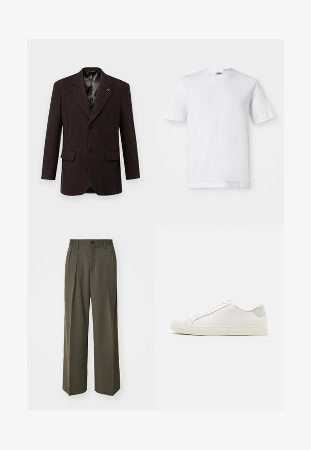 Dark brown wool blazer with notched lapels, two front pockets, and a single-breasted button closure. Smooth satin lining.; White cotton t-shirt with short sleeves, crew neckline, and a smooth texture. No patterns or accents are visible.; Filippa K WIDE TROUSERS - Trousers - driftwood; White leather sneaker with a smooth surface, round toe, and minimalistic design. Features beige accents on the heel and a rubber sole.