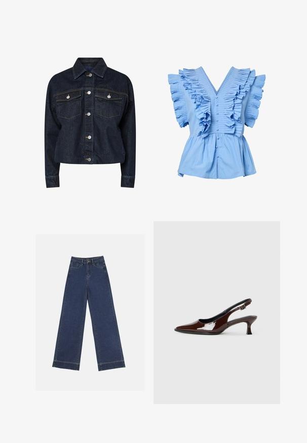 Tamsiai mėlynas džinsinis švarkas su apykakle, turintis dvi krūtinės kišenes, sidabrinius mygtukus-snapus ir kontrastingą geltoną siuvinėjimą. Trumpinta siluetas.; Šviesiai mėlyna trumpomis rankovėmis bluzonė su V formos iškirpte, priekiniaismygtukais, plačiomis klostuotomis raukšlėmis ant pečių ir krūtinės bei susirinkusia peplumo juosta.; Plati džinsai tamsiai mėlynos denimo. Yra penki kišenės, diržo kilpos ir apatinė briauna su matomais siuvimo detalėmis.; Rudos lakuoti odiniai slingback batai su smailiu pirštu ir vidutinio aukščio kulnu. Yra sagties dirželis, užtikrinantis tvirtą prigludimą. Lygus paviršius.