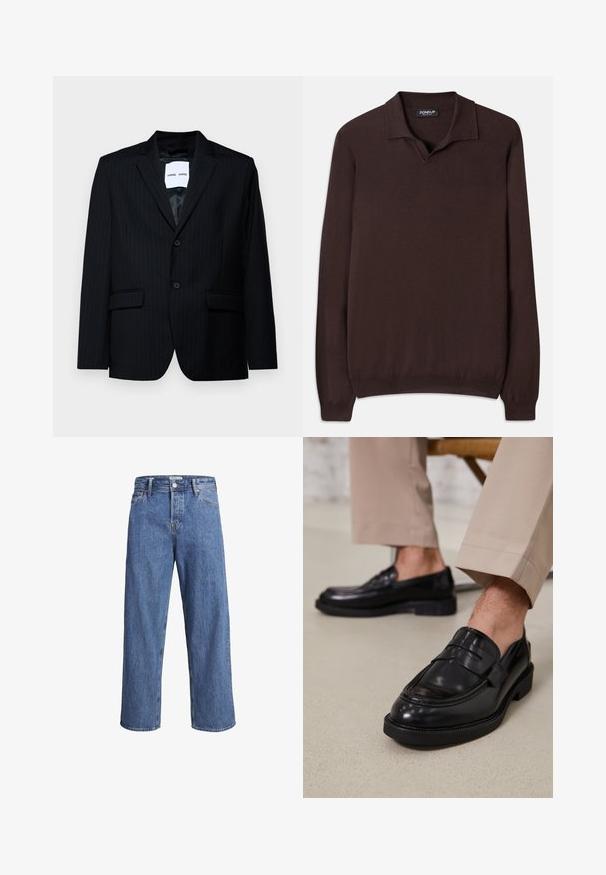 Čierny pruhovaný blejzer vyrobený z hladkej tkaniny, s očnicovým golierom, dvojitým zapínaním na gombíky a dvoma prednými vreckami. Interiér má hladkú podšívku.; Dondup REGULAR FIT SHIRT - Svetrík - cioccolato; Svetlomodré denimové džínsy so strihom rovného nohavice, vysokým pásom a minimálnymi detalmi šitia. Tkanina má mäkkú, mierne vyblednutú textúru.; Čierne kožené poltopánky s hladkým povrchom, so zdobným remienkom a kontrastným prešívaním, skombinované s béžovými nohavicami.