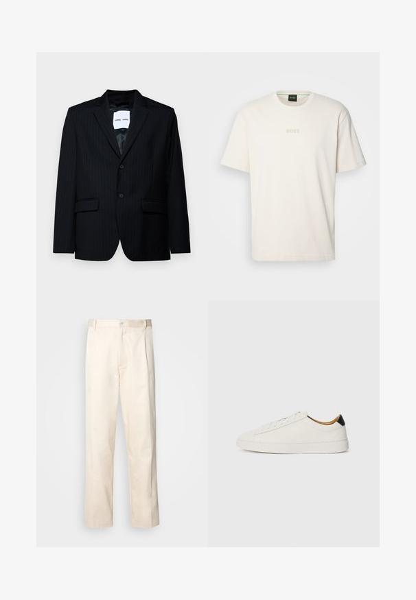 Czarna marynarka w prążki wykonana z gładkiego materiału, z wyłogowym kołnierzem, zapięciem na dwa guziki i dwiema przednimi kieszeniami. Wnętrze ma gładką podszewkę.; BOSS - T-shirt basic; Beżowe bawełniane spodnie o prostym kroju nogawki, z zapięciem na guziki i plisami z przodu dla dodatkowego zdobienia.; Białe sneakersy z gładką skórzaną cholewką, okrągłym noskiem i płaską podeszwą. Czarny akcent na pięcie, z tonowymi sznurowadłami i minimalnym brandingiem.