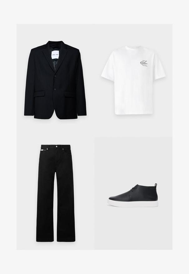 Czarna marynarka w prążki wykonana z gładkiego materiału, z wyłogowym kołnierzem, zapięciem na dwa guziki i dwiema przednimi kieszeniami. Wnętrze ma gładką podszewkę.; Biała bawełniana koszulka z krótkim rękawem, okrągłym dekoltem, z czarnym logo CK na lewej piersi, w standardowym kroju, o gładkiej teksturze.; Czarne dżinsowe spodnie o szerokim kroju, z pięcioma kieszeniami i metalowymi guzikami. Gładka tekstura, bez widocznych wzorów.; Czarne skórzane sneakersy za kostkę o gładkim wykończeniu, białej gumowej podeszwie i prostym sposobie sznurowania. Posiadają uchwyt z tyłu.