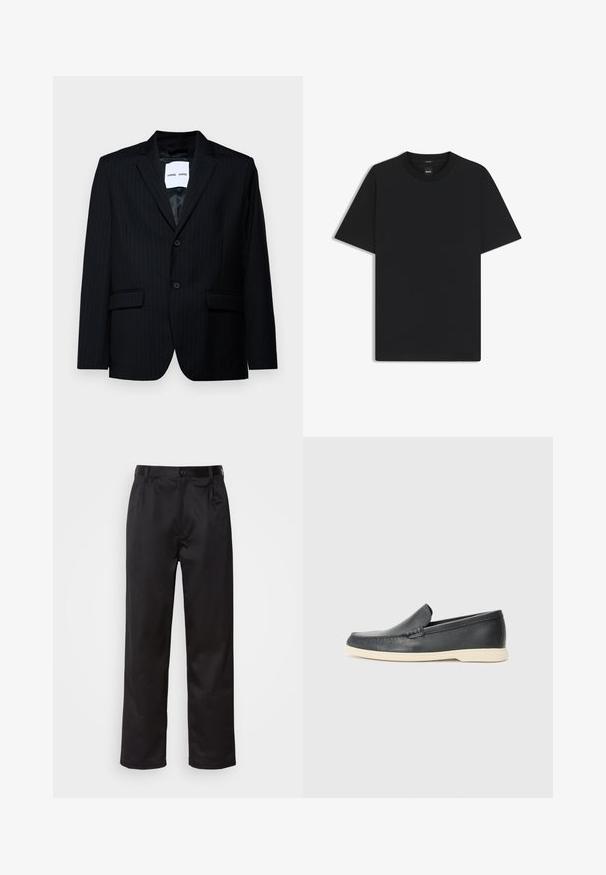Blazer nero a righe sottili realizzato in tessuto morbido, dotato di revers a punta, chiusura a due bottoni e due tasche frontali. L'interno è foderato in modo liscio.; Maglietta nera a maniche corte realizzata in un morbido misto cotone, con scollatura a girocollo e un design minimalista senza motivi o dettagli.; Pantaloni neri realizzati in tessuto morbido, con chiusura frontale a bottone, pieghe e gambe dritte. Nessun motivo o accento visibile.; Mocassini neri in pelle con finitura testurizzata e suola in gomma beige a contrasto. Presentano un accento sottile lungo la parte anteriore.
