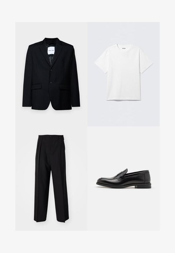 Svart rutigt blazer i slätt tyg, med sned snibb, två knappstängning och två framfickor. Inredningen har en slät foder.; Vit T-shirt med korta ärmar i bomull, med rund halsringning och avslappnad passform. Tyget har en mjuk och jämn textur.; Svarta plisserade byxor med en rak, bred bendesign. Tillverkade av ett slätt tyg, med knäppning fram och bälteshällor.; Svarta läderloafers med en slät yta, rund tå och ett dekorativt band över främre delen. Låg staplad klack, minimalistisk design.