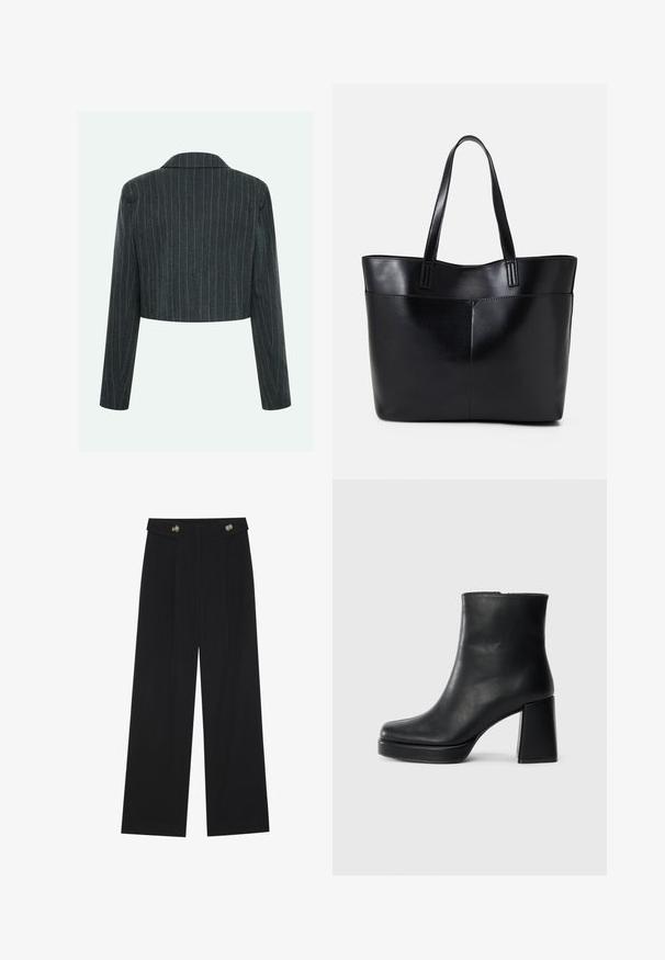 Sacou gri scurt cu dungi verticale, având un guler clasic și mâneci lungi, realizat dintr-un material texturat.; Două bluze cu mânecă lungă, una neagră și una albă, ambele având un guler pătrat și fiind confecționate dintr-un material moale și elastic.; Pantaloni negri cu picioare largi, talie înaltă, detalii cu butoane pe talie și pliseuri în față.; Botină din piele neagră, cu toc pătrat și talpă platformă, văzută din lateral pe un fundal alb simplu.; Geantă oversized din piele neagră, cu două mânere lungi, de textură netedă și formă structurată. Are un buzunar frontal pentru stocare suplimentară.