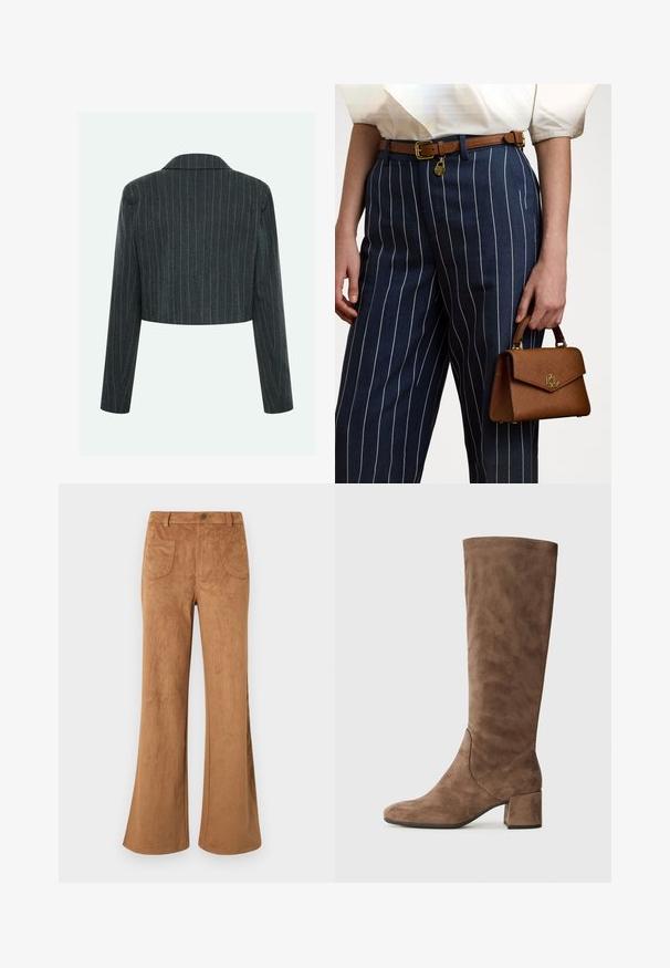 Cropped grey blazer with vertical stripes, featuring a classic collar and long sleeves, made from textured fabric.; Lauren Ralph Lauren STRETCH COTTON CREWNECK TEE - Basic T-shirt - adirondack heather; Brown suede flared pants featuring a high waist, front and back pockets, and a smooth texture. Designed for a relaxed fit throughout the leg.; Brown suede knee-high boots with a square toe and block heel. Smooth texture; minimal detailing and a tapered design at the ankle.; Brown textured handbag with gold hardware, held beside navy striped pants featuring white vertical lines. Simple, structured design.
