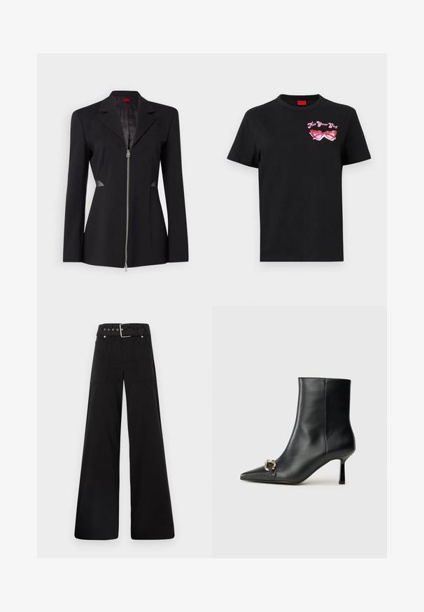 Musta bleiser terava kraega, ees lukuga, kitsas disain ja võrkkatetega külgedel. Sile kangas koos peene sisemise mustriga.; Musthave musta T-särk lühikeste varrukatega, millel on vasakul rinnal roosa prillide graafika ja tekst "Not Your Girl".; Mustad laiad mustad püksid, mis on valmistatud puuvillast, kõrge vöökoha, suurte küljetaskute ja kumerate rihmadega, kus on hõbedased detailid.; Must mustanvärvi nahast pahklinetopp, millel on terav nina, peen keskmise kõrgusega konts ja hõbedane keha detail külgedel, taustal lihtne taust.