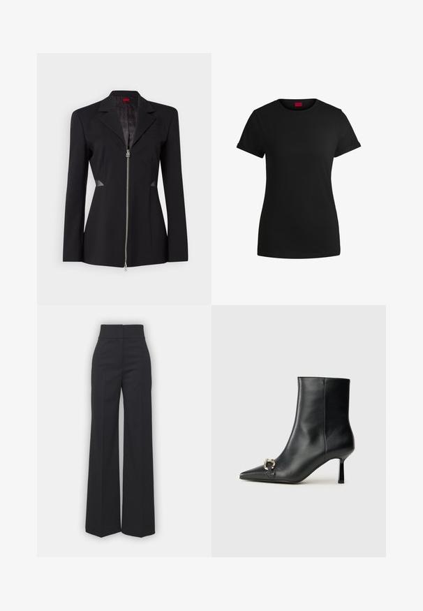 Zwarte blazer met een scherp kraag, voorritssluiting, getailleerd ontwerp en gestreepte mesh zijkanten. Glad stof met een subtiel binnenpatroon.; Zwart katoenen T-shirt met korte opgerolde mouwen, een ronde halslijn en een rood label. Glad textuur, aansluitende pasvorm met minimale details.; Wijdvallende broek in zwarte stof met een hoge tailleband, met een schone afwerking en een gladde textuur. Geen zichtbare hardware of patronen.; Zwarte leren enkelboot met spitse neus, slanke middenhoge hak en zilveren gespdetail aan de zijkant op een effen achtergrond.