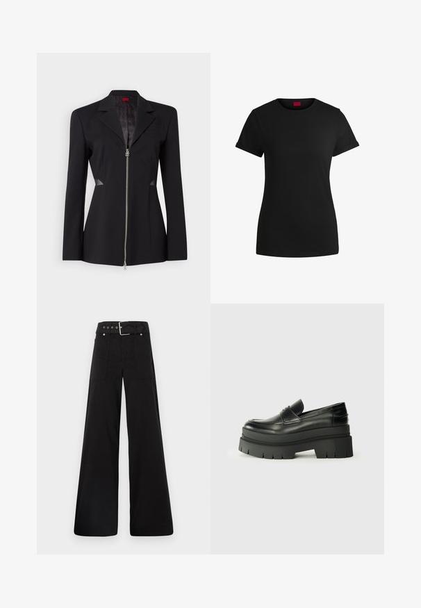 Musta bleiser terava kraega, ees lukuga, kitsas disain ja võrkkatetega külgedel. Sile kangas koos peene sisemise mustriga.; Must must t-särk lühikeste keeratud varrukatega, ümmarguse kaeluse ja punase etiketiga. Sile tekstuur, sobiv kuju minimaalsete detailidega.; Mustad laiad mustad püksid, mis on valmistatud puuvillast, kõrge vöökoha, suurte küljetaskute ja kumerate rihmadega, kus on hõbedased detailid.; Mustad mustrennistest nahast mokad, millel on paks platvormi tald. Ümar varvas, eesmine õmblusdetail ja peened õmblemisaktsendid. Lame, tekstureeritud välistald.