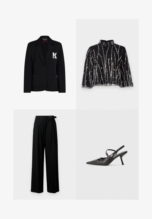 Černý blazer vyrobený z elastické látky, s dvoubarevným zapínáním, dvěma předními kapsami a dekorativní nášivkou K a postavy.; Černý zkrácený top s vysokým límcem, s vertikálními stříbrnými flitry, průhlednými rukávy a texturovanou tkaninou.; Černé široké kalhoty s vysokým pasem, záhyby vpředu a páskem s přezkou. Vyrobené z hladké, lehké tkaniny.; Černé kožené lodičky na boku s špičatou špičkou, štíhlým podpatkem a dekorativní přezkou na nártu. Hladká textura a elegantní design.