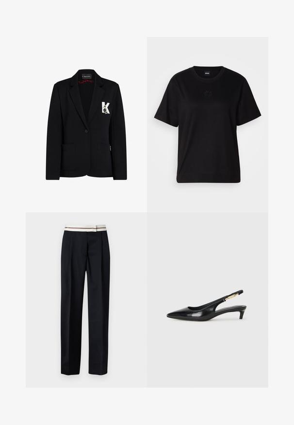 Svart blazer i stretchigt tyg med tvåknappsstängning, två framfickor och en dekorativ K- och karaktärs-patch.; Svart bomullströja med rund halsringning, korta ärmar och en broderad logotyp på bröstet. Enkel, avslappnad passform utan mönster.; Skräddarsydda svarta byxor med en krämfärgad midja som har en röd rand, rak bendesign och veck framtill för extra stil.; Svart läder slingback-hälar med spetsig tå, med en smal klack och en guldtonad detalj på den justerbara remmen. Slät textur.