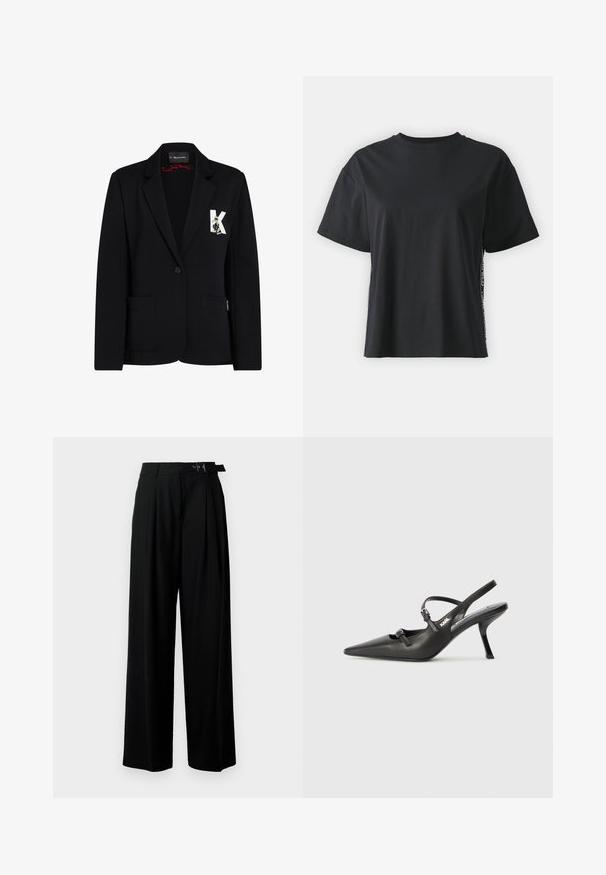 Mustast žaketist, mis on valmistatud venivast kangast, kahest nupust kinnise, kahe esipocketi ja dekoratiivse K ja tegelaskujude plaastriga.; Must have lühikeste varrukatega puuvillane must T-särk, millel on lõdvestunud lõige ja kontrastne külgpanel, mis sisaldab väikest teksti ja kujunduselemente.; Mustad kõrge vöökohaga mustad laiad püksid, millel on ees voldid ja vöö, millel on pandla. Valmistatud siledast ja kergest kangast.; Must musta slingback kontsad, terava nina, peenike konts ja dekoratiivne pandla detail peal. Sile tekstuur ja stiilne disain.