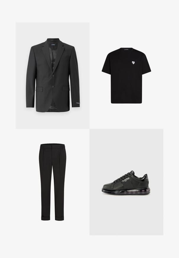 Čierny prispôsobený blejzer v hladkej tkanine, s jedným gombíkom a dvoma gombíkmi, má klopový golier, dve predné vrecká a štýlovú podšívku.; Čierne bavlnené tričko s krátkymi rukávmi, okrúhlym výstrihom a malou bielou srdiečkovou grafikou na ľavej hrudi.; Čierne nohavice s elastickým pásom, s rovnými nohavicami a prehnutými manžetami. Vyrobené z hladkej tkaniny bez vzorov.; Čierne tenisky s hladkým koženým vrchom, zaoblenou špičkou a dizajnom na šnurovanie. Sú vybavené priehľadnou, polstrovanou podrážkou s tmavým gradientom.