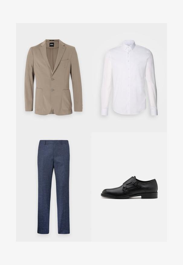 Tigeri värvi sobiv rõivas, mis on valmistatud pehmest kangast. Omab ühekordselt nööpidega disaini, millel on kaks nööpi, nurgelised kraed ja kaks esitaskut.; Valge pikkade varrukatega nööpidega särk, mis on valmistatud puuvillast, klassikalise krae, eest nööpide ja minimaalsete õmblusdetailidega.; Tumed sinine püksid, mis on valmistatud tekstuuriga kangast, sirgete jalgega, tasase esiosa ja kahe küljetaskuga. Ilma nähtavate mustrite või aksessuaarideta.; Musta nahast kleitking, kus on kaks pandlat, voolava silueti ja ümarate varvastega. Omab madalat kontsa ja siledat tekstuuri.