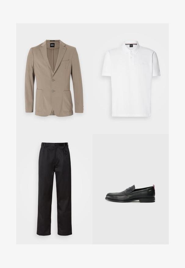 Bež blazer po meri iz mehkega blaga. Ima enoredno zapiranje z dvema gumboma, zareznimi reverji in dvema sprednjima žepoma.; Bela polo majica, izdelana iz mešanice bombaža in poliestra, z ovratnikom, dvema gumboma in subtilno vezeno logotipom na prsih.; Črne hlače iz gladkega materiala, ki imajo sprednjo zaponko, naborke in ravne noge. Brez vidnih vzorcev ali okraskov.; Črne usnjene loafer čevlje z teksturiranim sprednjim delom in gladkimi stranmi. Imajo ozko peto in zadnji zanko za enostavno obuvanje. Klasična zasnova.