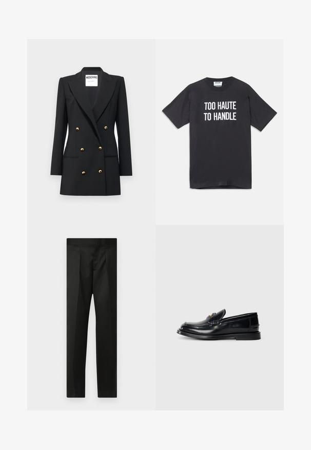 MOSCHINO ABITO - Bleizeris - nero; Juoda medvilninė marškinė su trumpomis rankovėmis ir apvalia iškirpte, priekyje užrašyta balta tekstu "PER DAUG KARŠTA VALDYTI".; Juodos kelnės su lygiu audiniu, pritaikytu dizainu, tiesiomis kojomis ir plokščiu juosmeniu be matomų užsegimų ar kišenių.; Juodas odinis loafersas su siuvinėjimu, maža priekine skiltimi ir plokščiu guminiu padu. Lygus paviršius su aukso tono detalėmis.