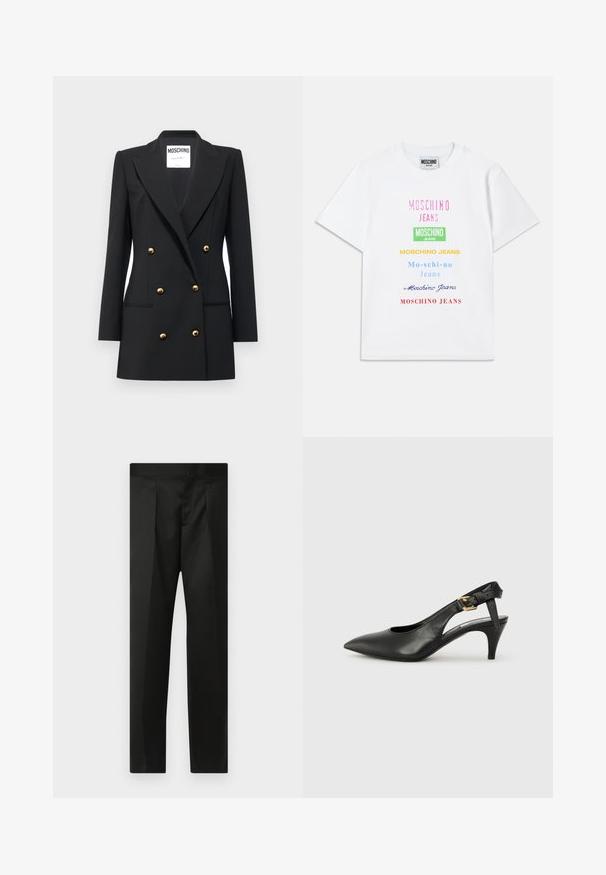 MOSCHINO ABITO - Blézer - nero; Fehér pamut póló, amelyen több színű (rózsaszín, zöld, sárga, kék és piros) felirat található, vertikálisan elrendezve az elején.; Fekete nadrág sima anyaggal, testhezálló fazonnal, egyenes lábakkal és lapos derékkal, látható zárak vagy zsebek nélkül.; Fekete bőr slingback szivattyú hegyes orral, kis sarokkal és csat részlettel a bokapánton. Simaság, minimalista dizájn.