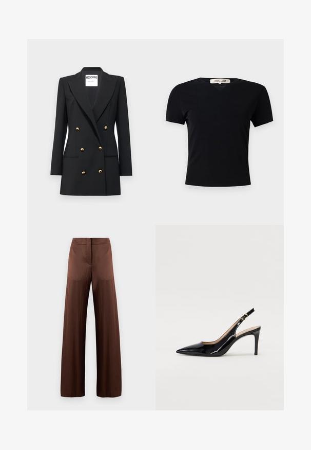 MOSCHINO ABITO - Bleizeris - nero; Juodas trumpas rankovės marškinėliai su V formos iškirpte, pagaminti iš lygaus, tampraus audinio. Pasižymi paprasta, klasikinė siluetu be dekoracijų.; Rudos plačios kojos kelnės, pagamintos iš lygios, lengvos medžiagos, su lygia priekiu, be kišenių ir tiesiu siluetu.; Juodas lakinės odos slingback batelis su smailiu nosiu, plonu kulnu ir subtiliu išpjovos dizainu. Yra auksinė sagtis ant dirželio.