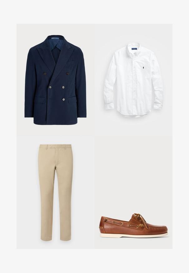 Granatowa marynarka dwurzędowa wykonana z bawełny. Posiada szerokie klapy, dwie przednie kieszenie oraz brązowe guziki. Gładka tekstura, strukturalny krój.; Biała, bawełniana koszula z długim rękawem zapinana na guziki. Posiada klasyczny kołnierzyk, mankiety zapinane na guziki oraz małe, granatowe, haftowane logo na klatce piersiowej.; Beżowe spodnie bawełniane o prostym kroju, z paskami do pasa, gładkim przodem i wykończonymi nogawkami. Gładka tekstura i minimalne detale.; Brązowe skórzane buty żeglarskie z sznurowaniem, złotymi oczkami i kremową gumową podeszwą. Zaprojektowane z wypukłym wzorem szwów na czubku.