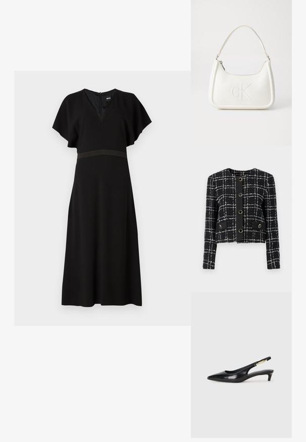 Černo-bílý kostkovaný kabát s kulatým výstřihem, pěti kulatými zlatými knoflíky a dvěma dekorativními kapsičkami. Texturovaný materiál.; Černé šaty s výstřihem do V, krátkými volánkovými rukávy a kontrastním horizontálním pruhem v pase. Vyrobené z jemné, splývavé látky.; Černé kožené boty na podpatku s otevřenou patou a špičatou špičkou, s tenkým podpatkem a zlatým akcentem na nastavitelném pásku. Hladký povrch.; Bílá kožená kabelka s křivkovým tvarem, na přední straně s vyraženým logem "CK" a jediným ramenním popruhem. Zipový uzávěr na vrchu.