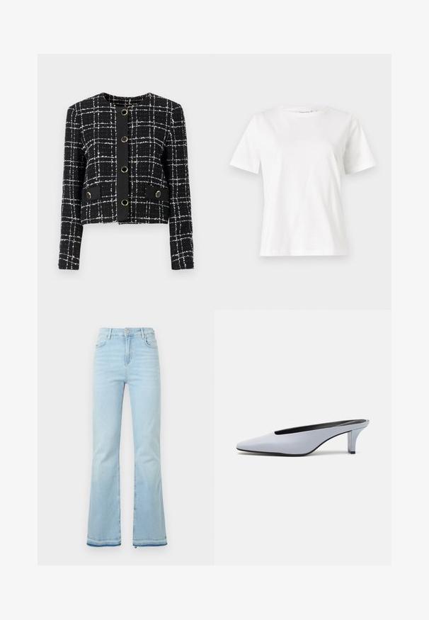 Crno-bijela karirana jakna s okruglim izrezom, pet kružnih dugmadi u zlatnoj boji i dva dekorativna džepa s preklopom. Teksturalni materijal.; Bijela pamučna majica s kratkim rukavima, okruglim izrezom i opuštenim krojem. Glatka tekstura, bez uzoraka ili akcenata, minimalistički dizajn.; Svijetloplave traperice s širim nogavicama, visokog struka, s prednjim džepovima i sirovim rubom na manžetama za ležeran izgled.; Tamnoplava lakirana mule cipela s oštrim nosom, niskim prozirnim potpeticama i elegantnim dizajnom s izrezom na gornjem dijelu.