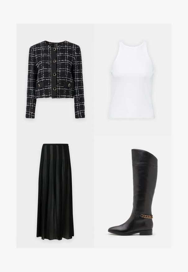 Černo-bílý kostkovaný kabát s kulatým výstřihem, pěti kulatými zlatými knoflíky a dvěma dekorativními kapsičkami. Texturovaný materiál.; Bílý bezrukávový top vyrobený z ribbed látky, s kulatým výstřihem a přiléhavým střihem, s minimem švů a bez ozdob.; Černá plisovaná maxi sukně vyrobená z lehkého materiálu, ozdobená vertikálními saténovými pruhy a s pohodlným pásem pro snadné nošení.; Vysoké černé kožené boty s elegantním designem, špičatou špičkou a zlatým řetízkem na kotníku. Nízký blokový podpatek. Hladká textura.