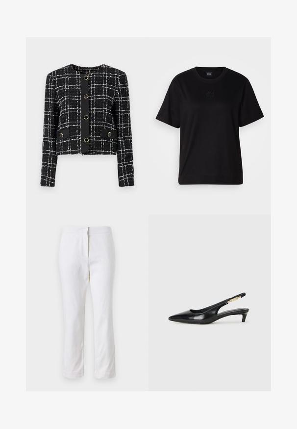 Crno-bijela karirana jakna s okruglim izrezom, pet kružnih dugmadi u zlatnoj boji i dva dekorativna džepa s preklopom. Teksturalni materijal.; Crna pamučna majica s okruglim izrezom, kratkim rukavima i izvezenim logotipom na prsima. Jednostavan, opušten kroj bez uzorka.; Bijele pamučne hlače ravnog kroja, sa strukom srednje visine i bez vidljivih metalnih dijelova ili uzoraka. Glatka tekstura kroz cijelu dužinu.; Crne kožne sandale s petom, s izduženim vrhom, imaju usku petu i zlatni akcent na podesivoj traci. Glatka tekstura.