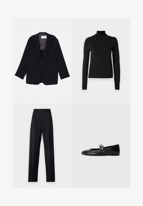 Crni sako s jednostavnim dizajnom, dva prednja džepa i mekanim unutarnjim podstavljanjem. Sadrži rever kragnu i zatvaranje na dugme.; Crna dugosruga majica s rolijom i rebrastim manžetama i donjim rubom, prikazana na jednostavnoj bijeloj pozadini.; Crne hlače od glatkog materijala s visokim strukom, širokim nogavicama, prednjim pregibima i klasičnim petljama za remen. Nema vidljivih bočnih džepova.; Crne kožne baletanke s špicastim nosom, s remenom s okruglom metalnom kopčom i ravnim potplatom.