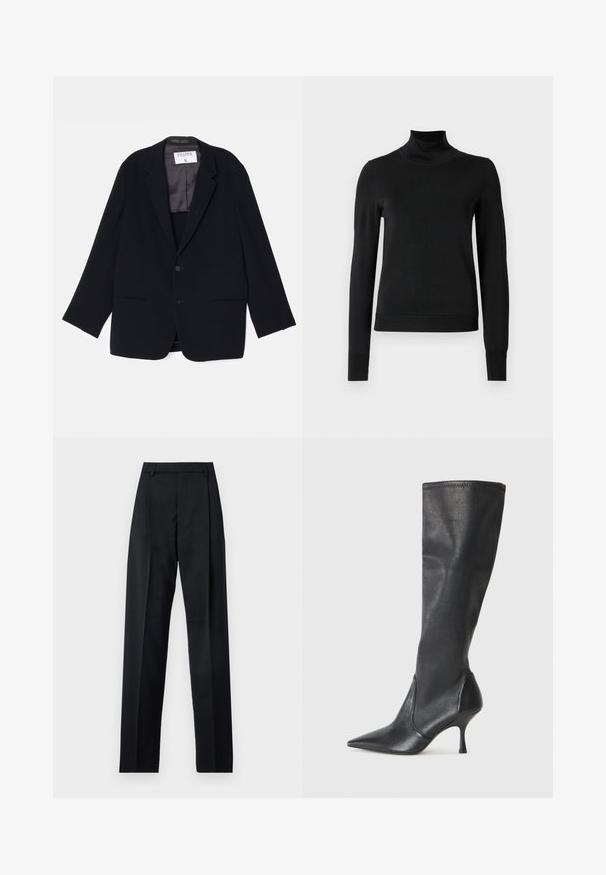 Blazer negro con un diseño de un solo botón, dos bolsillos frontales y un forro interior suave. Presenta un cuello de muesca y cierre de botones.; Suéter negro de manga larga con cuello de tortuga, con puños y dobladillo acanalados, exhibido sobre un fondo blanco liso.; Pantalones negros de tela suave con cintura alta, piernas amplias, pliegues frontales y lazos de cinturón clásicos. No hay bolsillos laterales visibles.; Botas de cuero negro hasta la rodilla con punta afilada y tacón de aguja delgado. Textura suave con un diseño ajustado y costuras en el borde superior.