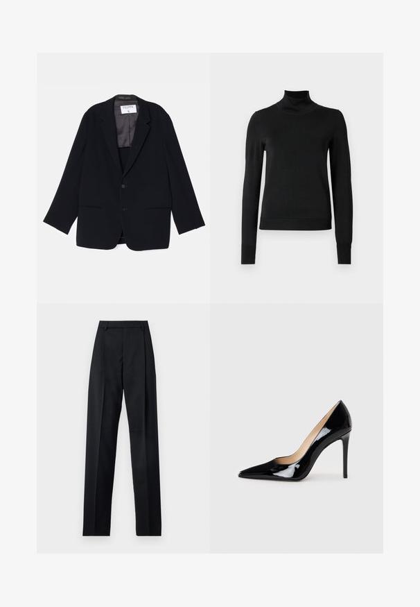 Sacou negru cu un design cu un singur rând de nasturi, două buzunare frontale și căptușeală interioară moale. Dispune de o rever tăiat și sistem de închidere cu nasture.; Pulover negru cu mânecă lungă și guler tip colier, cu manșete și tiv cu elastic, expus pe un fundal alb simplu.; Pantaloni negri dintr-un material neted, cu talie înaltă, picioare largi, pliuri frontale și loop-uri clasice pentru curea. Fără buzunare laterale vizibile.; Pantofi cu toc înalt din piele patent neagră, cu un design cu vârf ascuțit și o siluetă elegantă. Prezintă un finisaj neted și strălucitor și un toc subțire de tip stiletto.