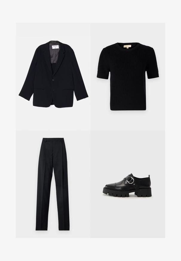 Zwarte blazer met een enkelvoudig ontwerp, twee voorkeurszakken en een zachte binnenvoering. Heeft een notch-split revers en een knoopsluiting.; Zwarte gebreide korte mouwen trui met een ronde halslijn. Beschikt over een geribbelde textuur en een rechte zoom. Etiket op de binnenkant van de kraag.; Zwarte broek gemaakt van gladde stof met een hoge taille, wijde benen, voorplooien en klassieke ceintuurlussen. Geen zijzakken zichtbaar.; Zwarte leren schoenen met een robuuste, geribbelde zool, voorzien van een ronde zilveren hardwareaccent en minimale stikdetails.