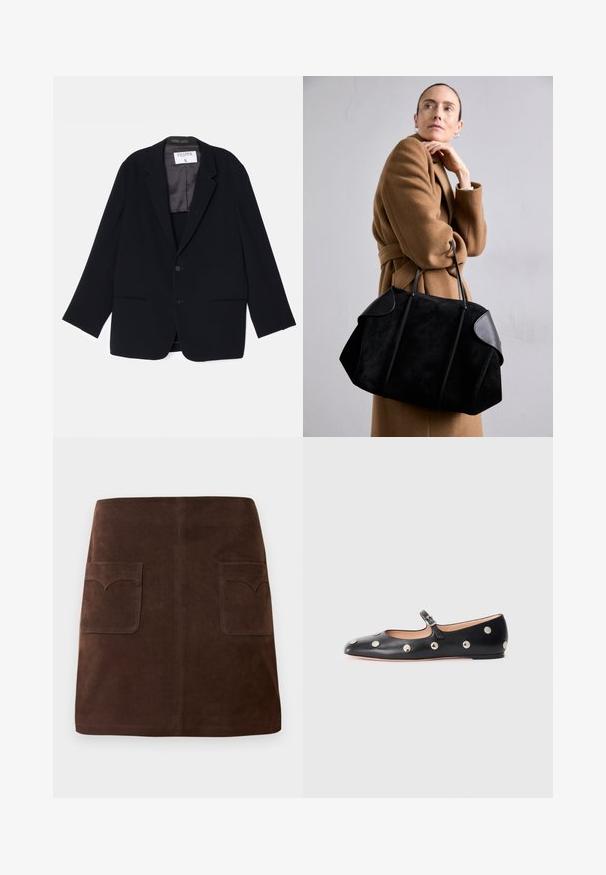 Blazer noir avec un design à un bouton, deux poches avant et une doublure intérieure douce. Présente un col cranté et une fermeture à bouton.; Chemise blanche à manches longues au design ajusté. Dispose d'un grand col, d'une fermeture à boutons sur le devant avec des boutons marron, et d'un petit logo brodé.; Jupe en suède marron présentant une silhouette A-line classique, deux poches avant avec des rabats arrondis et des détails de couture discrets.; Chaussure plate en cuir noir type Mary Jane avec un bout arrondi, ornée de clous ronds en argent et dotée d'une sangle réglable avec une boucle.; Sac en cuir suédine noir avec des accents en cuir, de forme structurée, et deux poignées robustes, porté par une silhouette dans un manteau marron.
