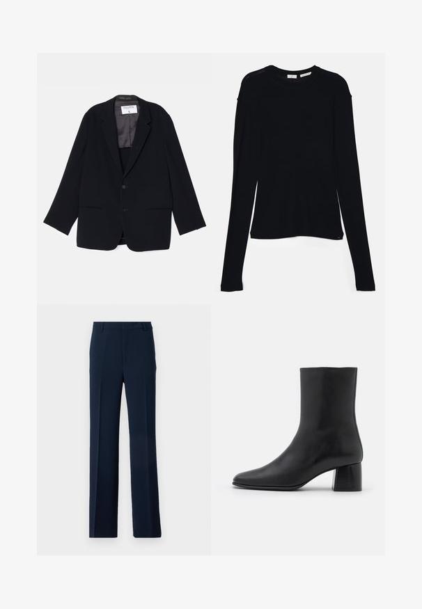 Černý blejzr s jednořadým designem, dvěma předními kapsami a měkkou podšívkou. Obsahuje klopový límec a zapínání na knoflík.; Černý dlouhý rukáv top vyrobený z měkkého materiálu, s kulatým výstřihem a volným střihem, se bočními rozparky na olemování pro snadný pohyb.; Námořnické modré kalhoty vyrobené z hladkého materiálu, s rovnými nohavicemi, předními záhyby a bočními kapsami pro upravený vzhled.; Černé kožené kotníkové boty s špičatou špičkou a robustním čtvercovým podpatek. Hladká textura s bezšvovým designem a minimalistickým prošíváním.
