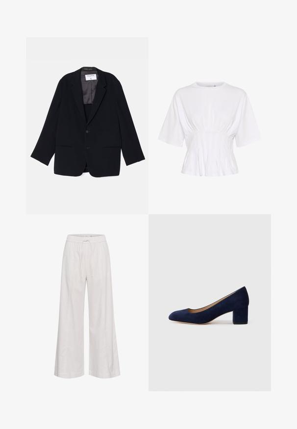 Musta bleiseri, jossa on yksirivinen muotoilu, kaksi etutaskua ja pehmeä sisävuori. Varustettu sollakantilla ja nappikiinnityksellä.; Valkoinen lyhythihainen paita, joka on valmistettu pehmeästä kankaasta. Tässä paidassa on pyöreä pääntie ja gathered-yksityiskohtia vyötäröllä, mikä luo istuvan ilmeen.; Peehkarit leveät housut pehmeästä valkoisesta kankaasta, joissa on joustava vyötärö, naru ja sileä pinta ilman lisäkoristeita.; Navy sininen mokkanahkakengät, joissa on terävä kärki ja keskikorkea lohkare korko. Sileä pinta, jossa on hieno kiilto ja pieni leikkaus etuosassa.