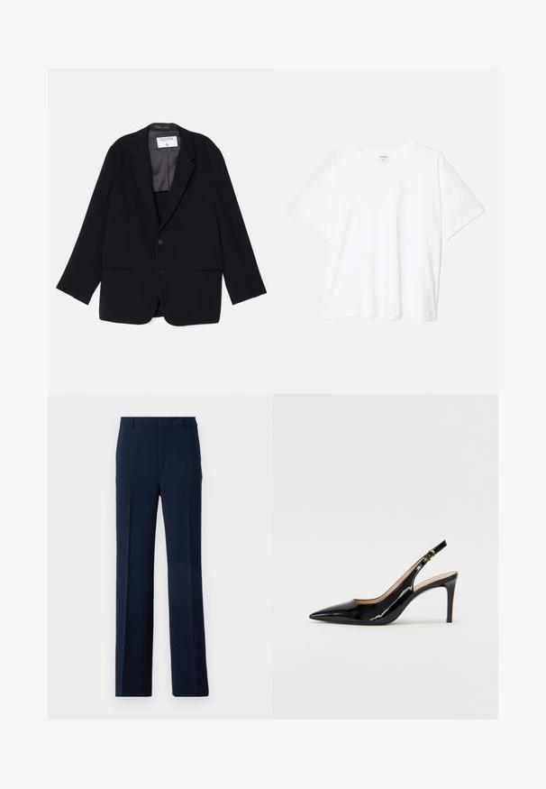 Melnā žakete ar vienrindas dizainu, divām priekšējām kabatām un mīkstu iekšējo oderi. Iezīmēta ar noberztu apkakli un pogu aizdari.; Balta kokvilnas T-krekls ar īsām piedurknēm, apaļu dekoltē, brīva piegriezuma un šūtu apakšmalu. Etiķete redzama iekšējā kakla daļā.; Tumši zilas bikses, izgatavotas no gludas auduma, ar taisnu kāju dizainu, priekšējiem krokiem un sānu kabatām, nodrošinot stilīgu izskatu.; Melnas lakotās ādas slingback kurpes ar izteiktu degunu, šauru papēdi un smalku izgriezumu dizainu. Siksniņai ir zelta sprādze.