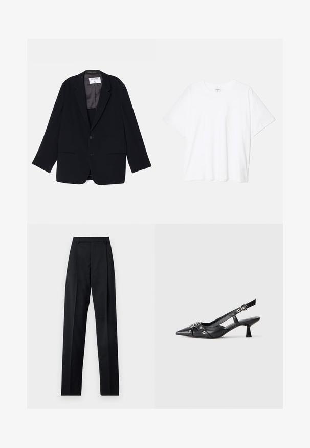 Črn blezer z enojnim zapiranjem, dvema sprednjima žepoma in mehkim notranjim podlogo. Ima izrezan rever in gumb za zapiranje.; Bela bombažna majica s kratkimi rokavi, okroglim izrezom, sproščenim krojem in šivanim robom. Oznaka vidna na notranji strani izreza.; Črne hlače iz gladkega materiala, ki imajo visok pas, široke noge, sprednje nabore in klasične zanke za pas. Nevidni stranski žepi.; Črne usnjene sandale središnje zaponke z ostro konico, okrasnimi trakovi z kovinskimi očesi in nizko blokasto peto. Teksturirana površina.