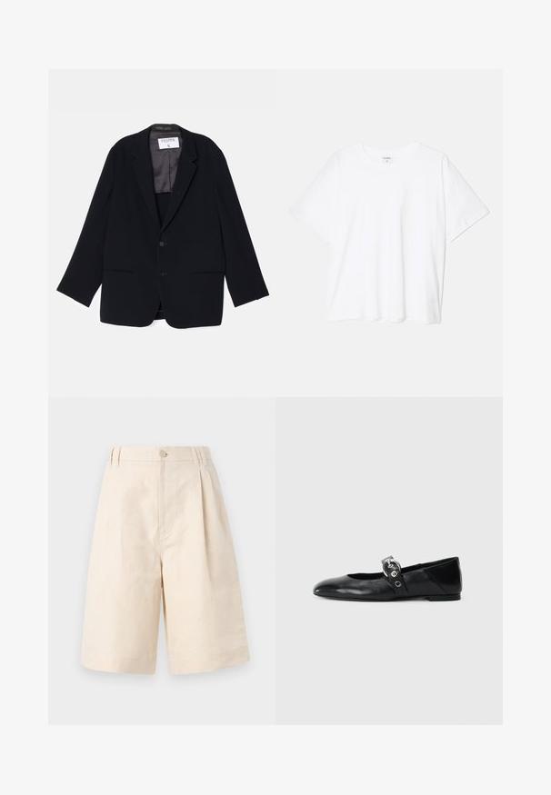 Blazer noir avec un design à un bouton, deux poches avant et une doublure intérieure douce. Présente un col cranté et une fermeture à bouton.; T-shirt en coton blanc avec des manches courtes, un col rond, une coupe décontractée et un ourlet cousu. Étiquette visible à l'intérieur du col.; Shorts en lin beige avec une coupe décontractée, présentant une fermeture à bouton, un design plissé et une longueur à mi-genou. Texture lisse et style simple.; Ballerines en cuir noir avec un bout pointu, dotées d'une sangle avec une boucle métallique circulaire et d'une semelle plate.