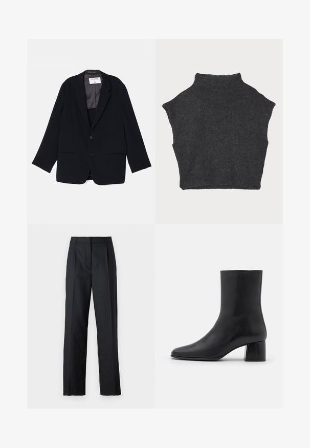 Blazer negro con un diseño de un solo botón, dos bolsillos frontales y un forro interior suave. Presenta un cuello de muesca y cierre de botones.; Suéter corto de color gris oscuro con un cuello alto, hecho de un material de punto texturizado y con mangas cortas y un dobladillo inferior recto.; Pantalones negros a medida con rayas, que presentan un diseño de pierna recta, pliegues prensados y cinturilla tradicional. Textura de tela suave.; Botín negro de cuero hasta el tobillo con punta afilada y un tacón cuadrado y grueso. Textura suave con un diseño sin costuras y un estilo minimalista en las costuras.