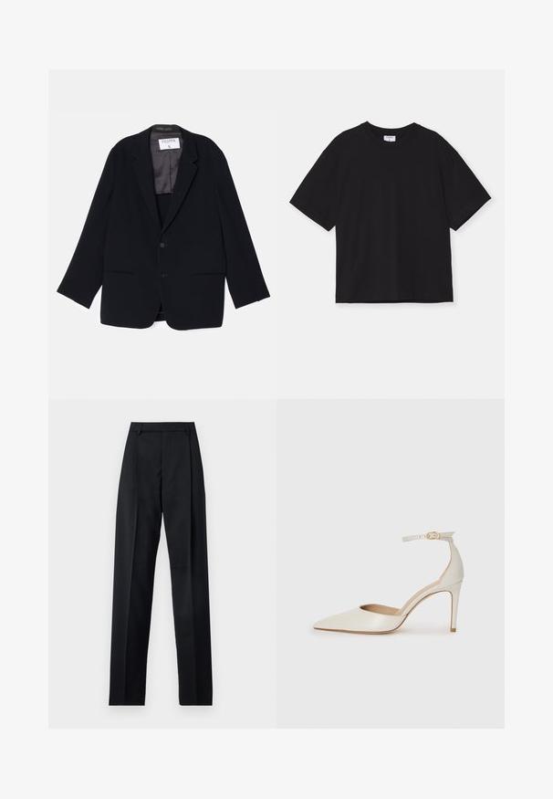 Zwarte blazer met een enkelvoudig ontwerp, twee voorkeurszakken en een zachte binnenvoering. Heeft een notch-split revers en een knoopsluiting.; Zwarte korteyls T-shirt van katoen. Het heeft een comfortabele pasvorm, ronde halslijn en geen zichtbare patronen of versieringen.; Zwarte broek gemaakt van gladde stof met een hoge taille, wijde benen, voorplooien en klassieke ceintuurlussen. Geen zijzakken zichtbaar.; Witte leren hoge hak schoen met een spitse neus, enkelbandje en een slanke stiletto hiel. Gladde textuur met een subtiele glanzende afwerking.