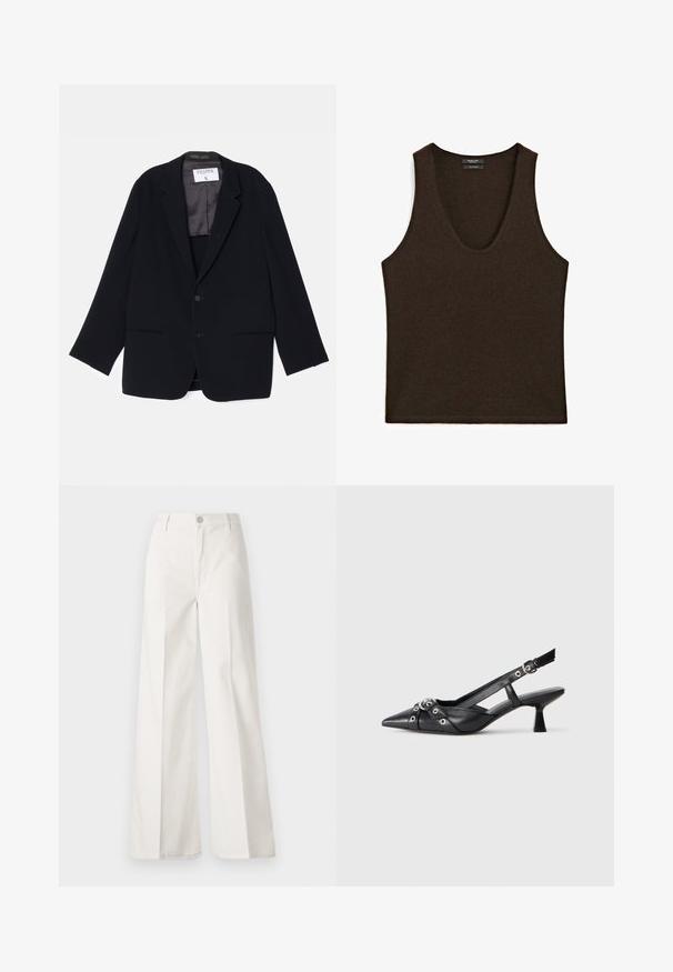 Zwarte blazer met een enkelvoudig ontwerp, twee voorkeurszakken en een zachte binnenvoering. Heeft een notch-split revers en een knoopsluiting.; Mouwloze donkerbruine kasjmieren tanktop met ronde hals, plat gelegd.; Witte wijde-broek gemaakt van katoen met een gladde textuur. Voorzien van een knoop aan de voorkant, ritsopening en vierzakkenontwerp.; Zwarte leren slingback schoen met een puntige neus, decoratieve banden met metalen oogjes en een lage blokhak. Textuur oppervlak.
