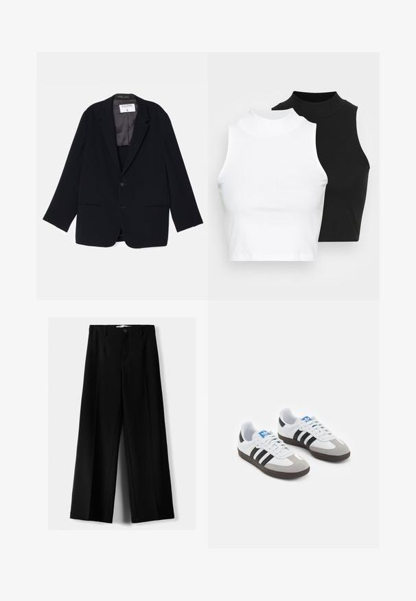 Blazer nero con design a un bottone, due tasche frontali e foderatura interna morbida. Presenta un rever a punta e chiusura con bottone.; Due top in maglia senza maniche, a collo alto, in nero e bianco, con un design aderente e una superficie liscia, di lunghezza cropped.; Pantaloni neri a gamba larga realizzati in tessuto leggero, caratterizzati da una chiusura frontale con bottone e frontale piatto, con orli cuciti con precisione.; Scarpe sportive con tomaia in pelle bianca, punta in suede grigia e tre strisce nere. Presentano un logo blu sulla linguetta e una suola in gomma testurizzata.