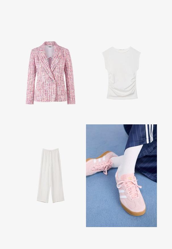 Dubbelknäppt blazer i rosa tweedtyg med flerfärgade inslag, med snibbiga slag och klara knappaccenter. Texturerad finish hela vägen.; Vit ärmlös topp med rund halsringning och subtil sidodrapering, presenterad platt mot en vit bakgrund.; Vita vida byxor i vid passform gjorda av ett lättviktsmaterial. Har en elastisk midja med dragsko och sidofickor. Slät textur.; Ljusrosa mockaskor med vita ränder och snören, med en strukturerad tunga och en gummisula, placerade på en blå matta.