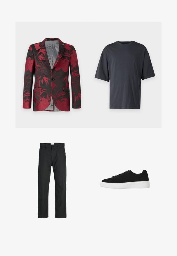 Röd blommönstrad blazer med svart bakgrund, med två framfickor, en enkel knäppning och en slät grå interiörfoder.; Mörkgrå t-shirt med kort ärm i lättviktsbomull, med en lös passform och klassisk rundhalsringning, med slät textur och utan mönster.; Svarta byxor i slitstarkt tyg, med rak bendesign, stickade detaljer och två framfickor för funktionalitet.; Svart mockaskor med rund tå, snörning fram och vit gummisula. Enkelt design med minimala accenter och mjuk textur.