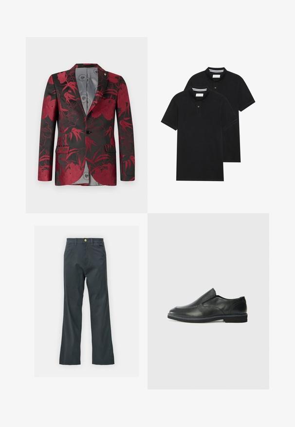 Blazer con motivo floreale rosso su sfondo nero, dotato di due tasche frontali, chiusura a un bottone e foderato in morbido grigio.; Due magliette polo nere, con maniche corte, in cotone, con colletto classico, pattina a due bottoni e dettagli a righe bianche all'interno del colletto.; Pantaloni neri con taglio dritto, realizzati in tessuto misto cotone. Presentano una chiusura con bottone metallico e tasche laterali. Nessun motivo visibile.; Scarpa nera in pelle con inserto scivolare, superiore liscio, dettagli cuciti, punta arrotondata e tacco in gomma basso. La suola presenta un battistrada minimale.